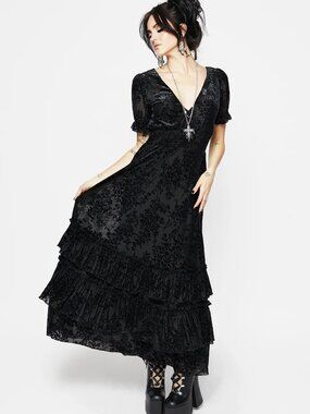 Disturbia Lilias Devoré Tiered Maxi Dress Black Floral Flocked Velvet US 12 EUC